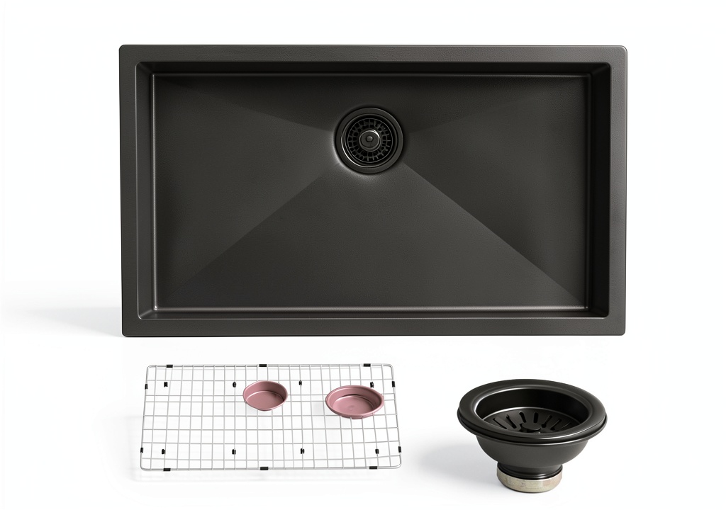 Ruvati black stainless steel sink installed in a modern kitchen
