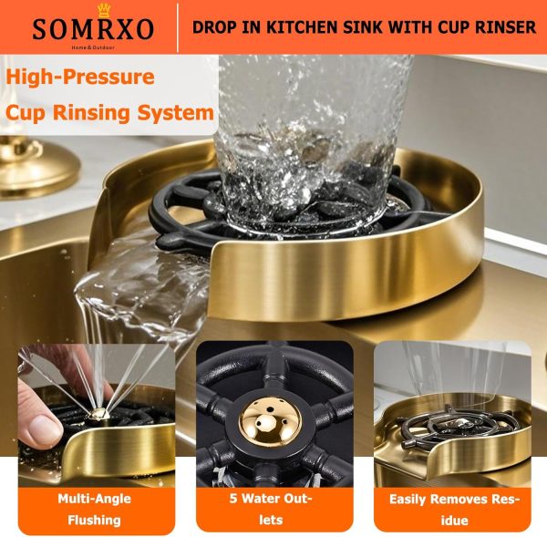 SOMRXO Gold Kitchen Sink Stainless Steel Drop-In 36x22-5
