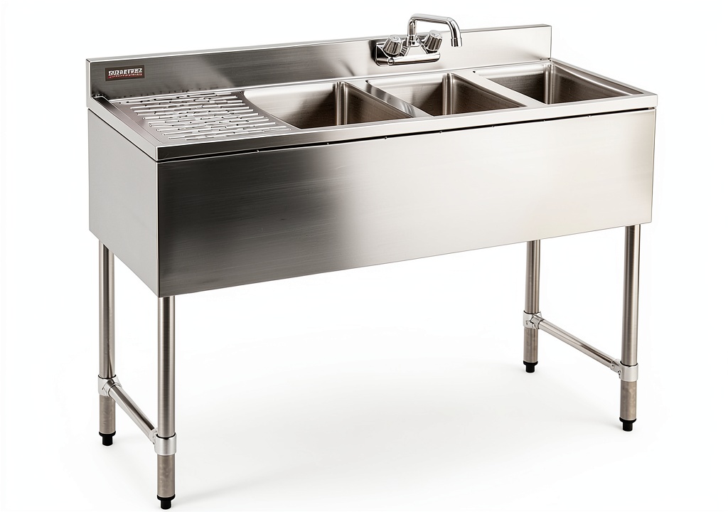 DuraSteel replacement legs installed on a bar sink in a commercial kitchen