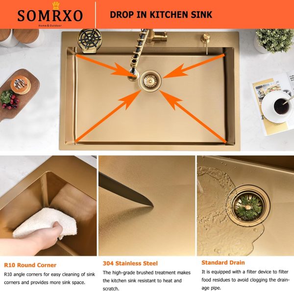 SOMRXO Gold Kitchen Sink Stainless Steel Drop-In 36x22-6