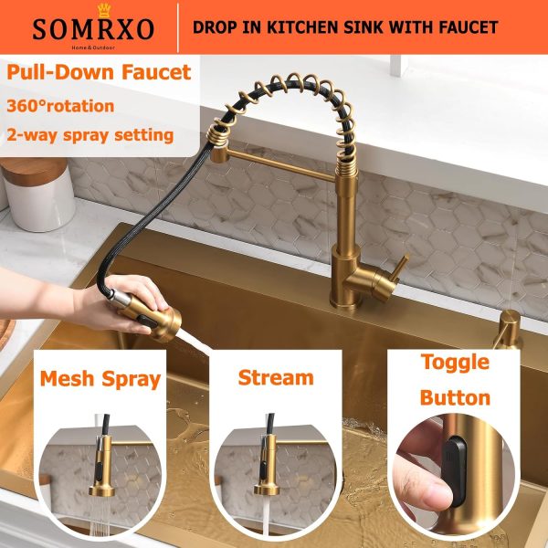 SOMRXO Gold Kitchen Sink Stainless Steel Drop-In 36x22-4