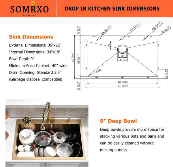 SOMRXO Gold Kitchen Sink Stainless Steel Drop-In 36x22-8