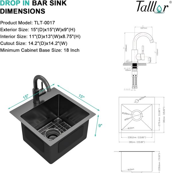 Talllor Bar Sink Gunmetal Black Stainless Steel Drop In-6