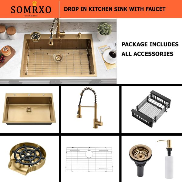 SOMRXO Gold Kitchen Sink Stainless Steel Drop-In 36x22-7